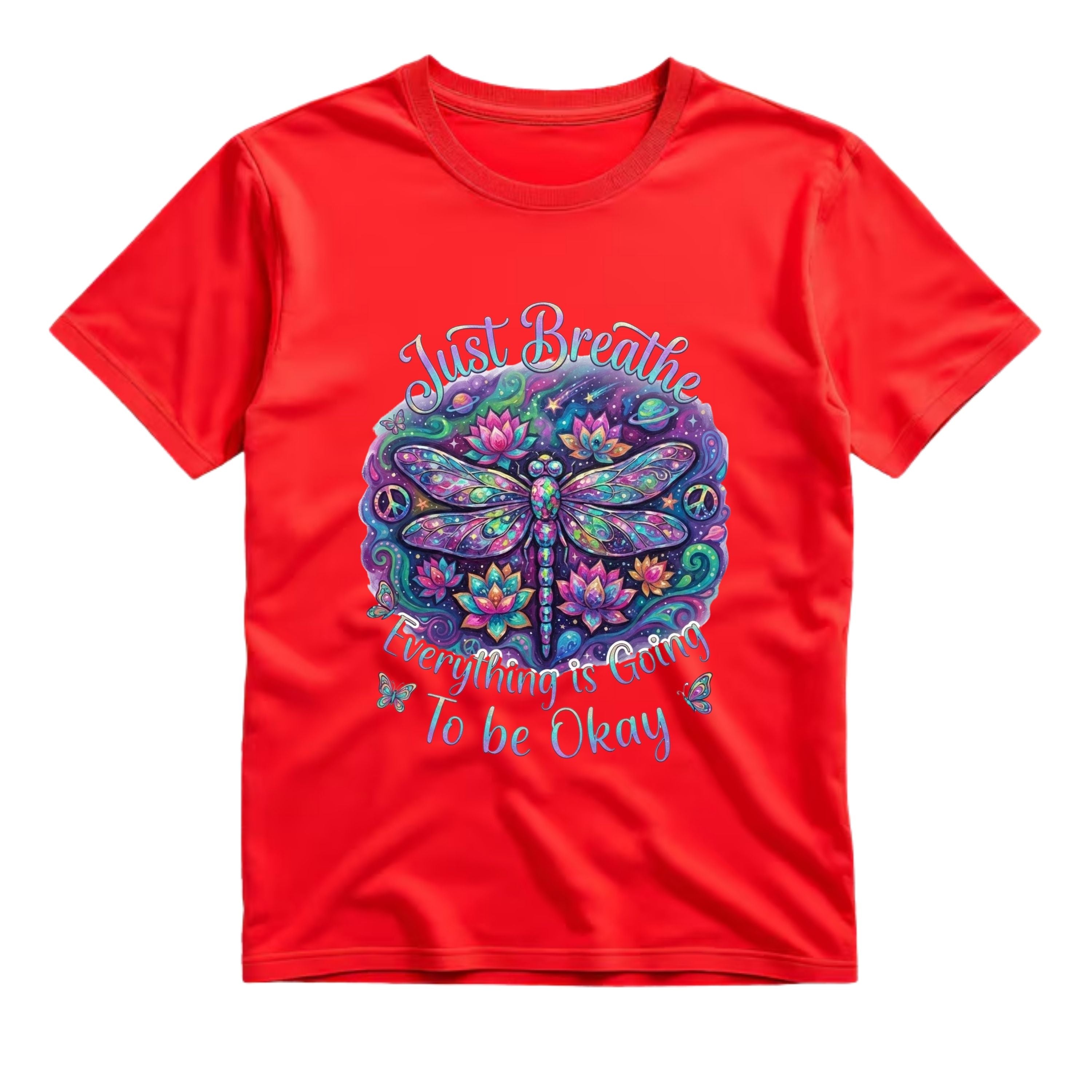 Just Breathe Everything Is Going To Be Okay T Shirt Psychedelic Dragonfly Graphic Tee Lotus Flower Shirt Spiritual Hippie Shirt Boho Dragonfly Shirt Gift For Yoga Lovers