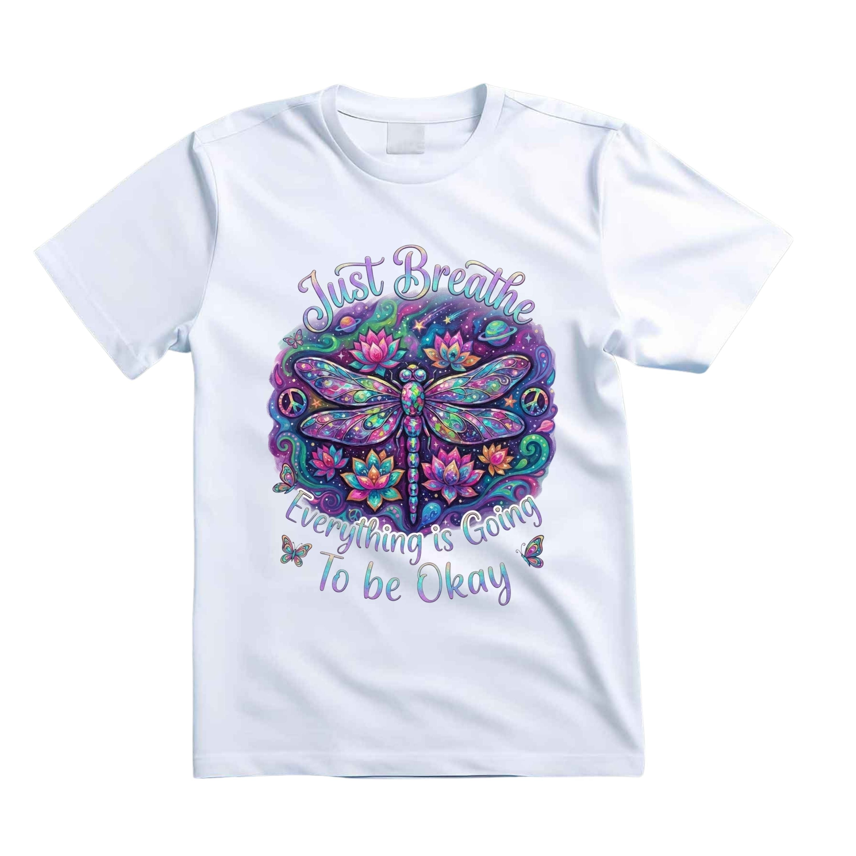 Just Breathe Everything Is Going To Be Okay T Shirt Psychedelic Dragonfly Graphic Tee Lotus Flower Shirt Spiritual Hippie Shirt Boho Dragonfly Shirt Gift For Yoga Lovers