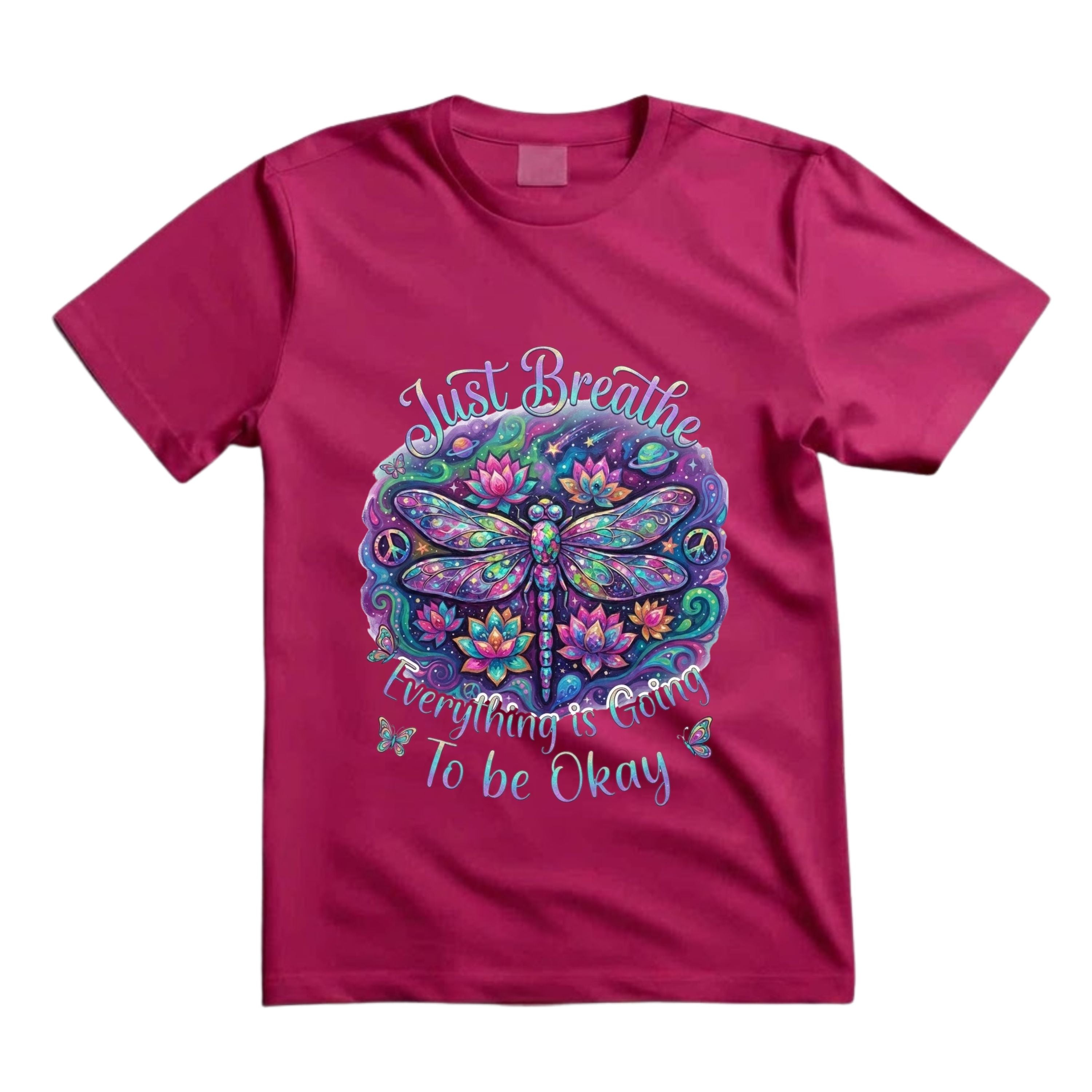 Just Breathe Everything Is Going To Be Okay T Shirt Psychedelic Dragonfly Graphic Tee Lotus Flower Shirt Spiritual Hippie Shirt Boho Dragonfly Shirt Gift For Yoga Lovers