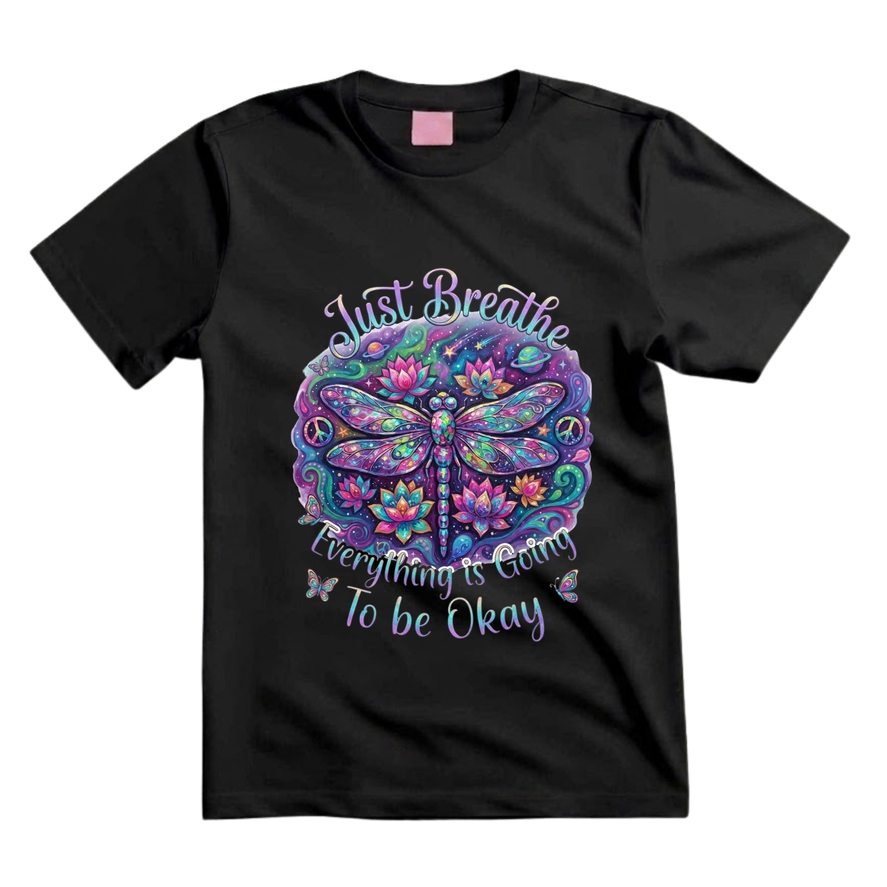 Just Breathe Everything Is Going To Be Okay T Shirt Psychedelic Dragonfly Graphic Tee Lotus Flower Shirt Spiritual Hippie Shirt Boho Dragonfly Shirt Gift For Yoga Lovers