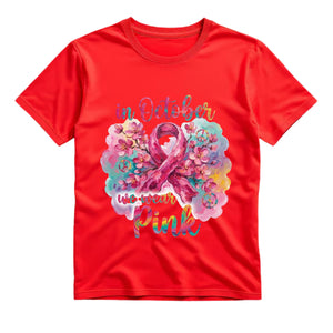 In October We Wear Pink T Shirt Breast Cancer Awareness Graphic Tee Floral Pink Ribbon Shirt Boho Cherry Blossom Shirt Hippie Awareness Shirt Gift For Women