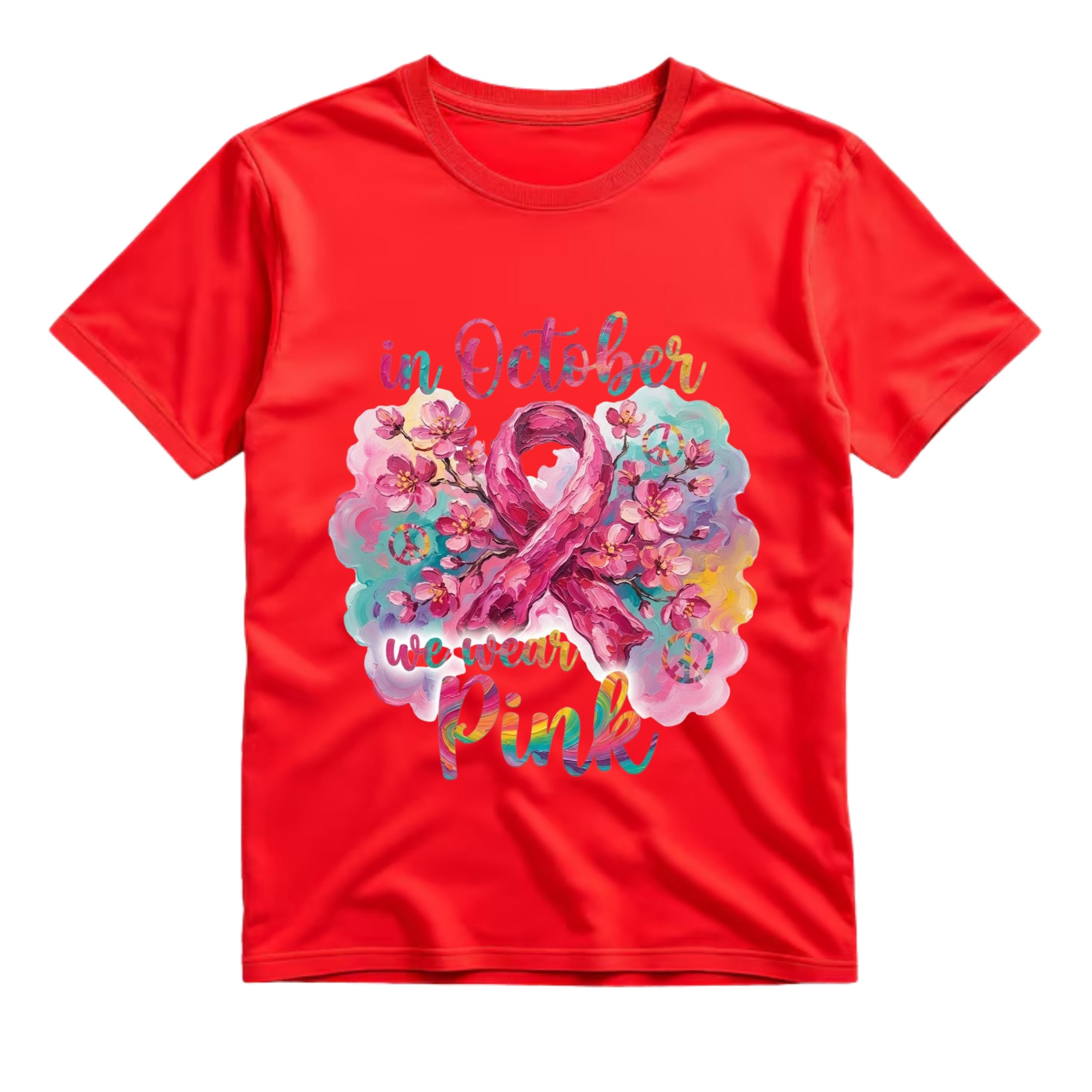 In October We Wear Pink T Shirt Breast Cancer Awareness Graphic Tee Floral Pink Ribbon Shirt Boho Cherry Blossom Shirt Hippie Awareness Shirt Gift For Women