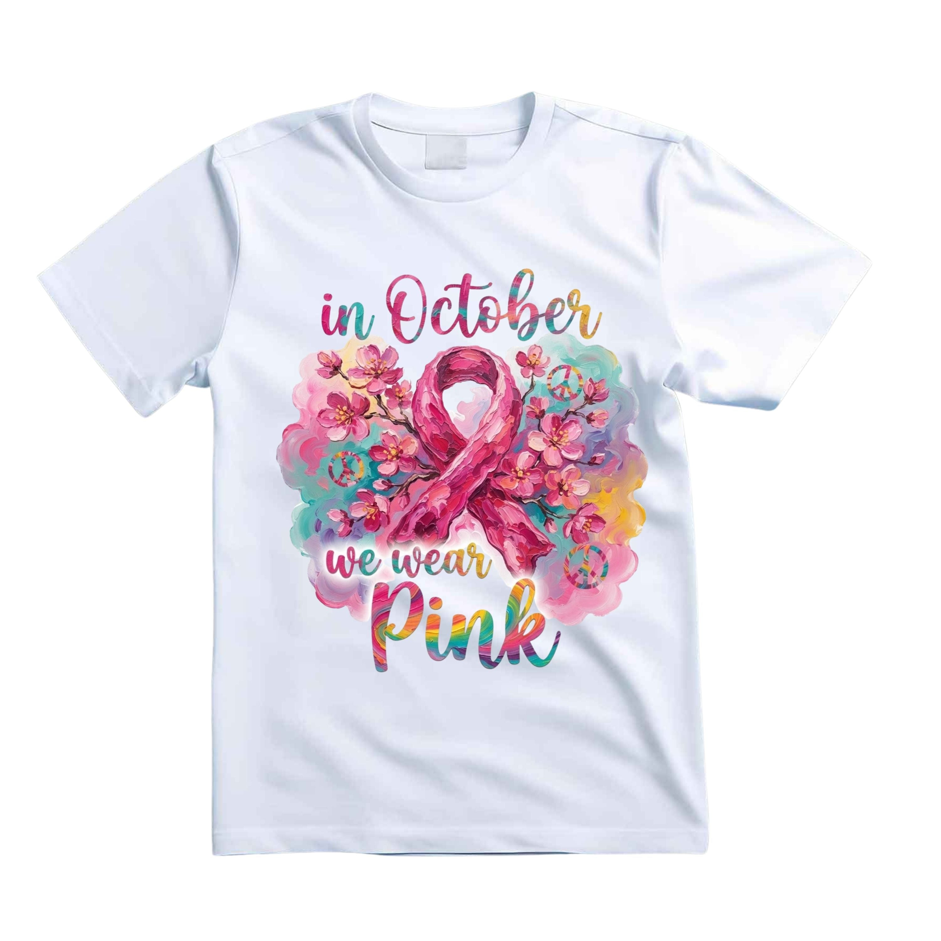 In October We Wear Pink T Shirt Breast Cancer Awareness Graphic Tee Floral Pink Ribbon Shirt Boho Cherry Blossom Shirt Hippie Awareness Shirt Gift For Women