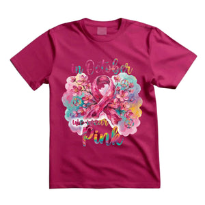 In October We Wear Pink T Shirt Breast Cancer Awareness Graphic Tee Floral Pink Ribbon Shirt Boho Cherry Blossom Shirt Hippie Awareness Shirt Gift For Women