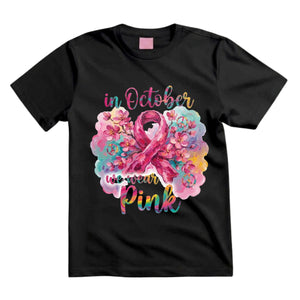 In October We Wear Pink T Shirt Breast Cancer Awareness Graphic Tee Floral Pink Ribbon Shirt Boho Cherry Blossom Shirt Hippie Awareness Shirt Gift For Women