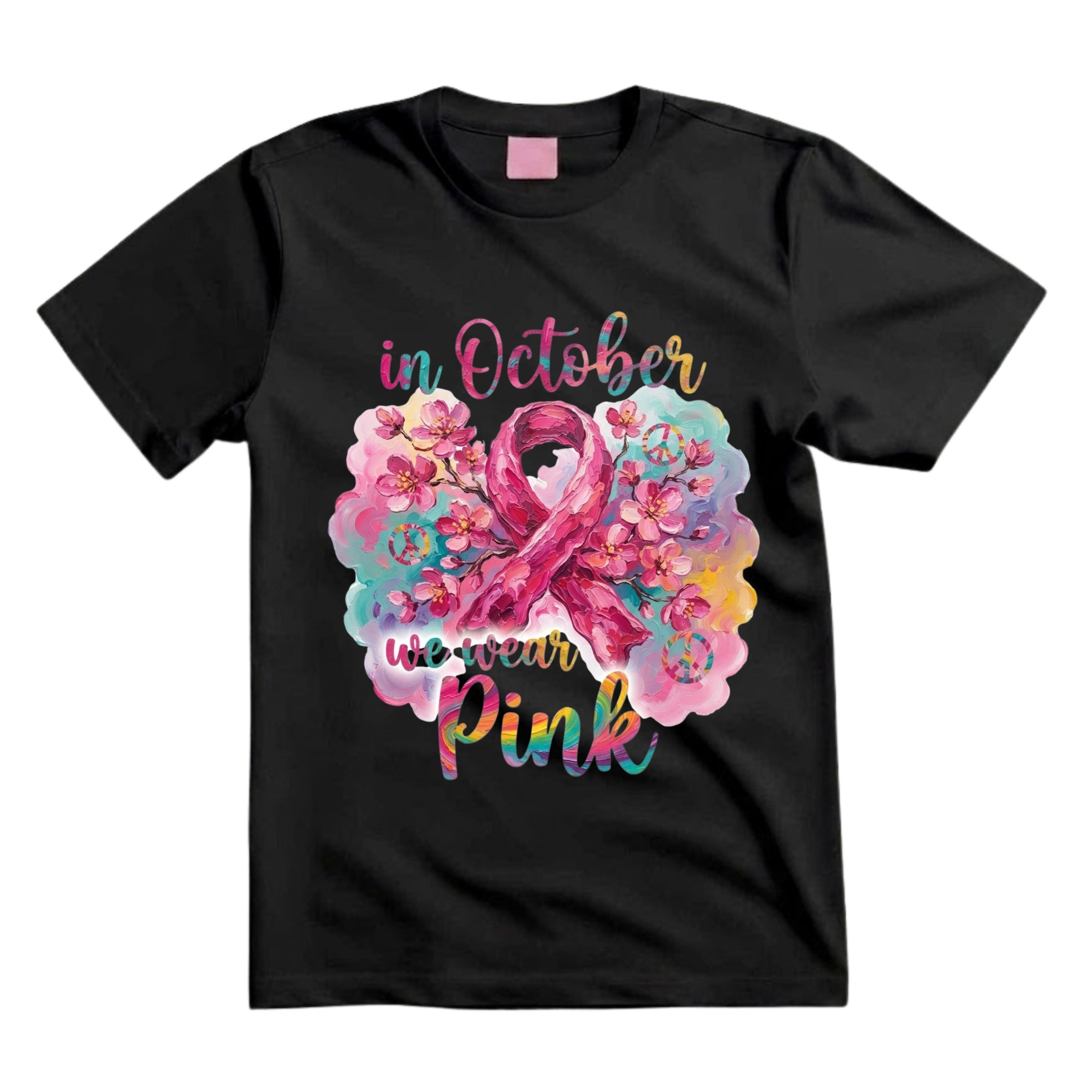 In October We Wear Pink T Shirt Breast Cancer Awareness Graphic Tee Floral Pink Ribbon Shirt Boho Cherry Blossom Shirt Hippie Awareness Shirt Gift For Women