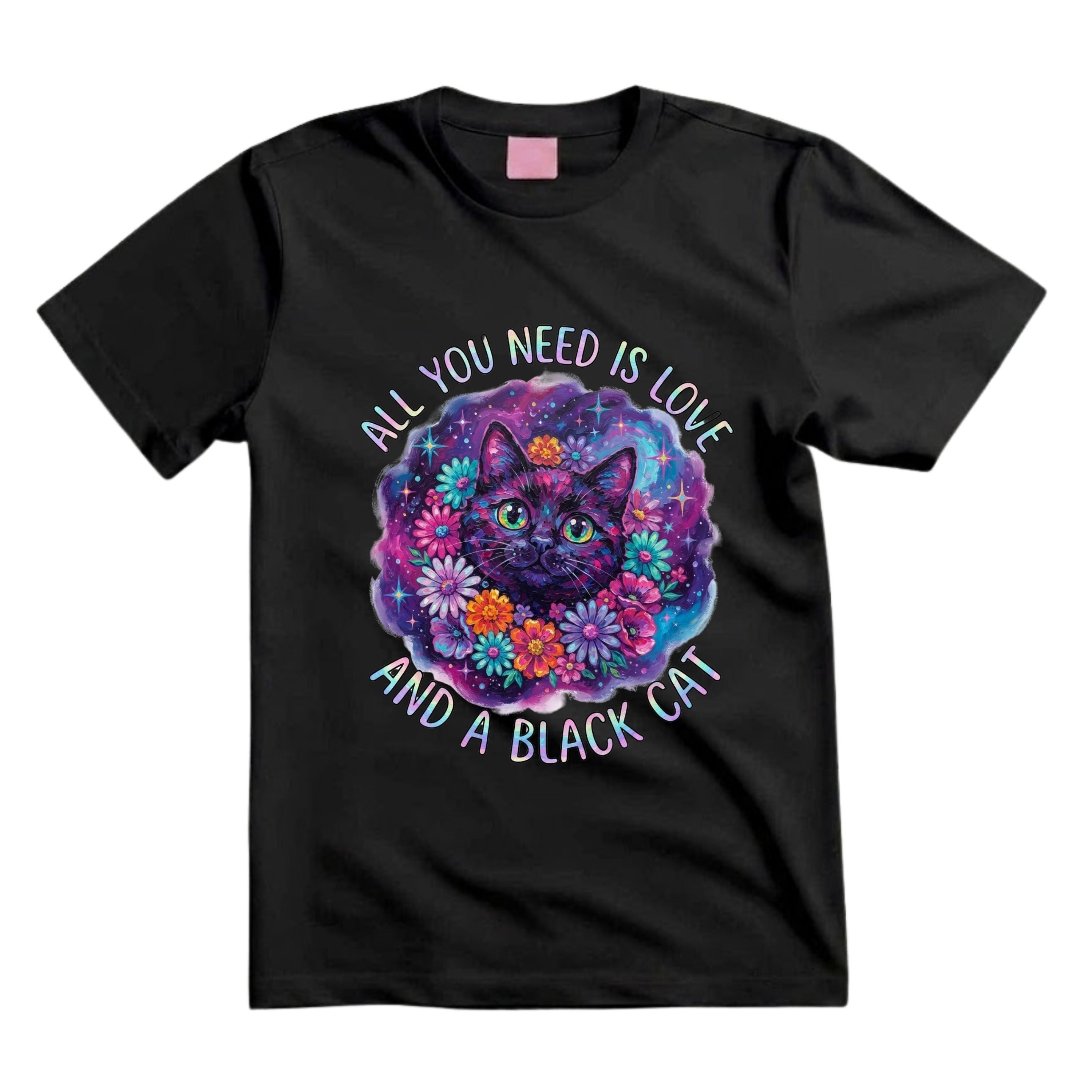 All You Need Is Love And A Black Cat T Shirt Psychedelic Black Cat Graphic Tee Floral Cat Shirt Hippie Cat Lover Shirt Colorful Galaxy Cat Shirt Gift For Cat Moms