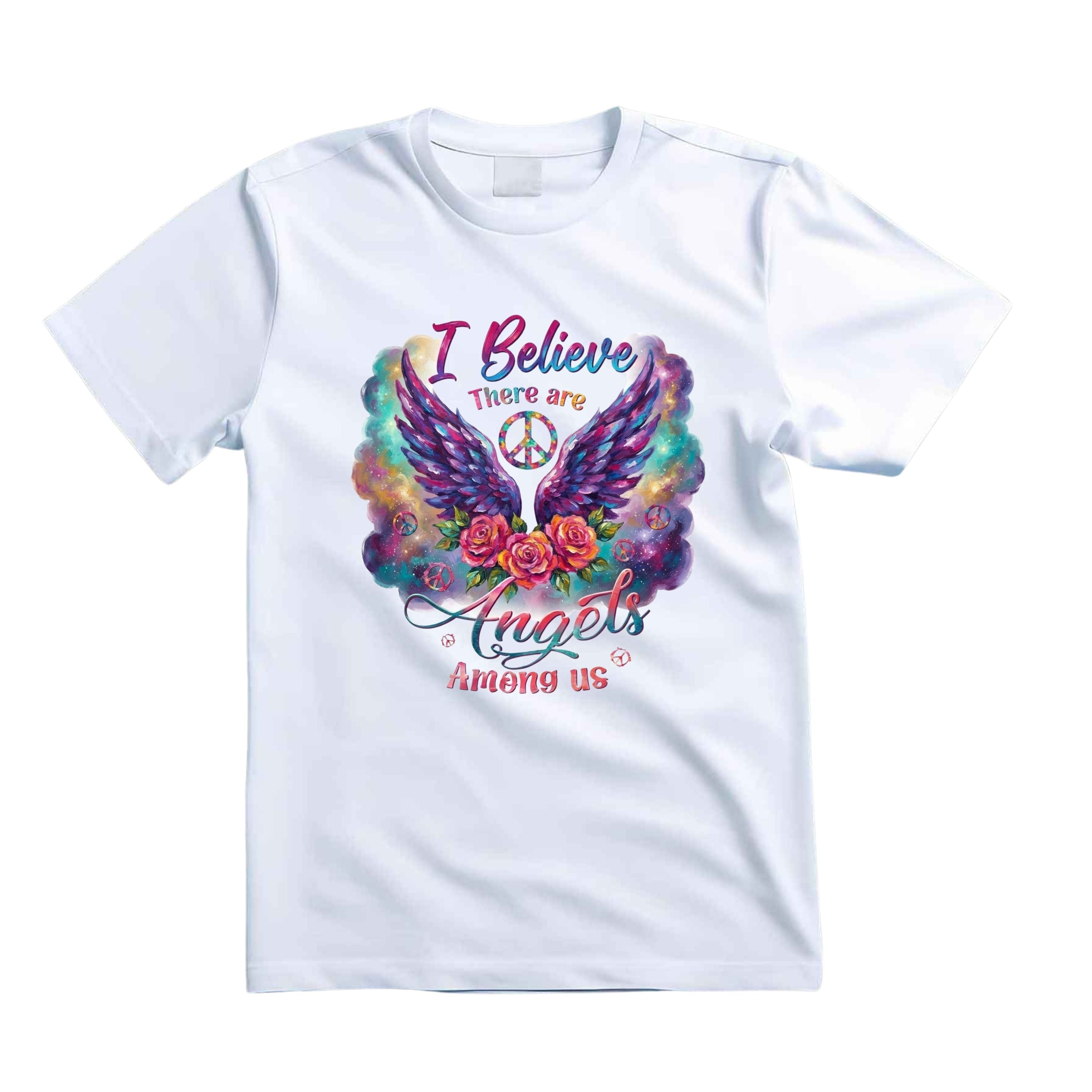 I Believe There Are Angels Among Us T Shirt Hippie Angel Wings Graphic Tee Boho Floral Wings Shirt Psychedelic Peace Sign Shirt Boho Roses Shirt Gift For Hippie Lovers