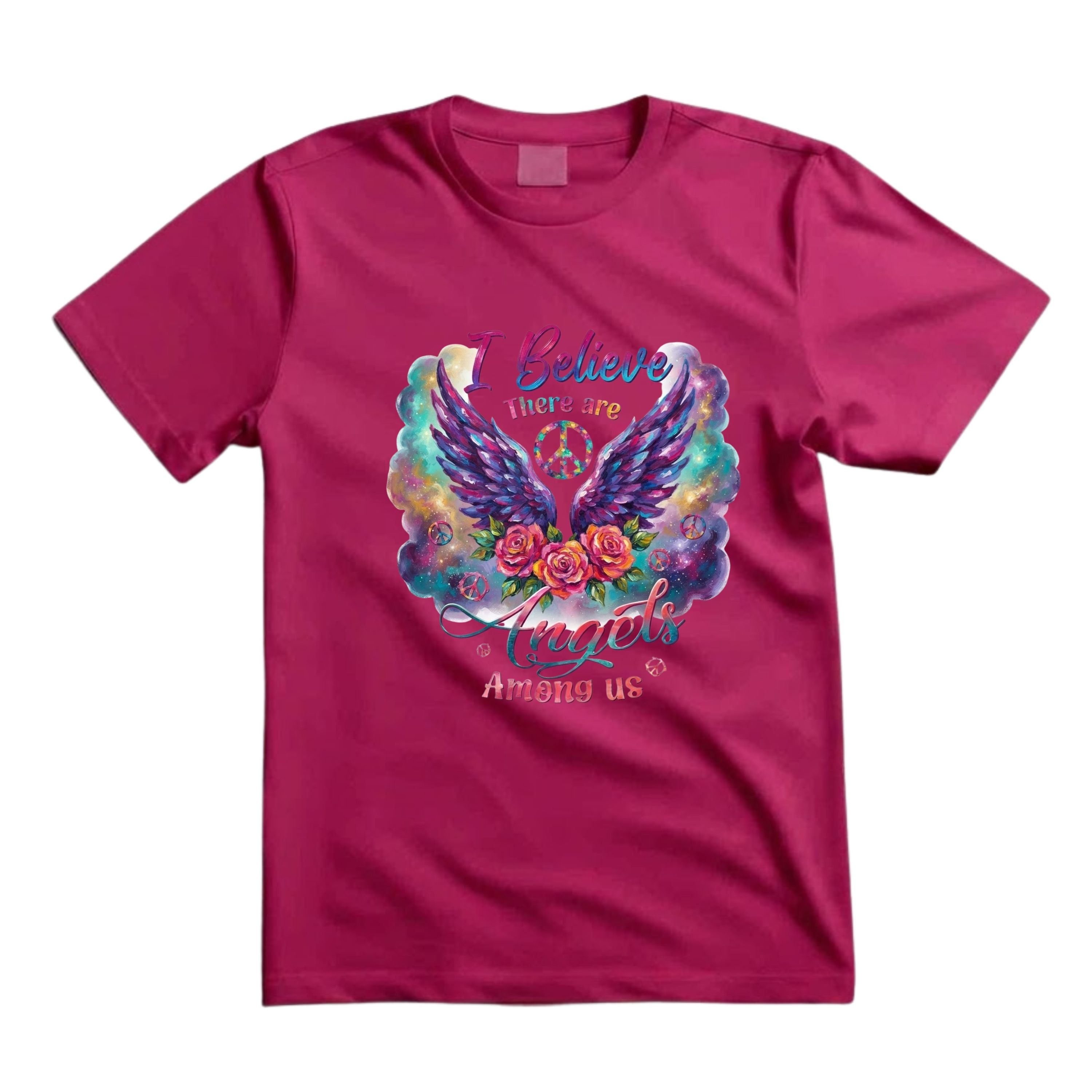 I Believe There Are Angels Among Us T Shirt Hippie Angel Wings Graphic Tee Boho Floral Wings Shirt Psychedelic Peace Sign Shirt Boho Roses Shirt Gift For Hippie Lovers
