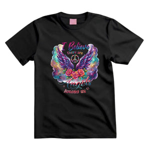 I Believe There Are Angels Among Us T Shirt Hippie Angel Wings Graphic Tee Boho Floral Wings Shirt Psychedelic Peace Sign Shirt Boho Roses Shirt Gift For Hippie Lovers