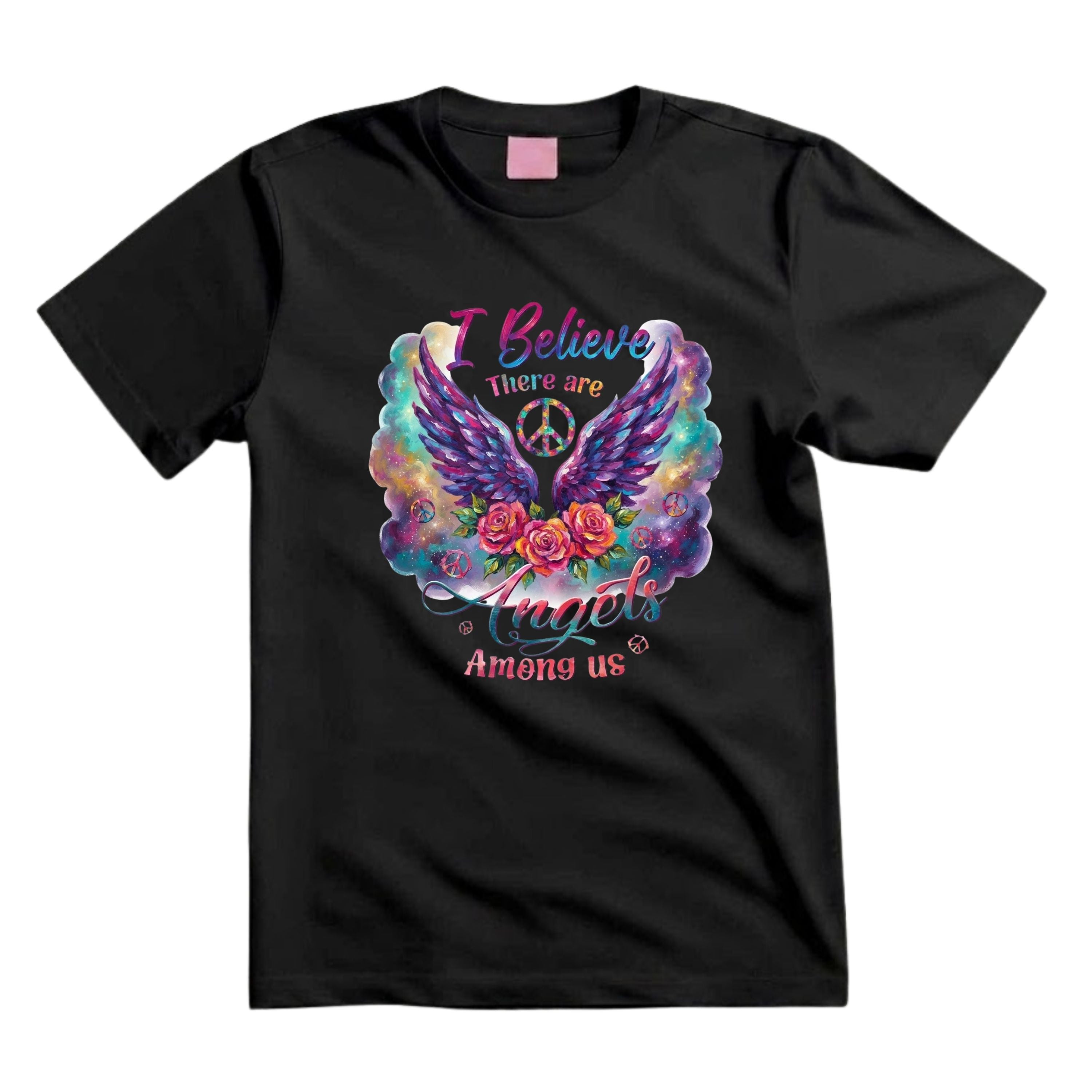 I Believe There Are Angels Among Us T Shirt Hippie Angel Wings Graphic Tee Boho Floral Wings Shirt Psychedelic Peace Sign Shirt Boho Roses Shirt Gift For Hippie Lovers