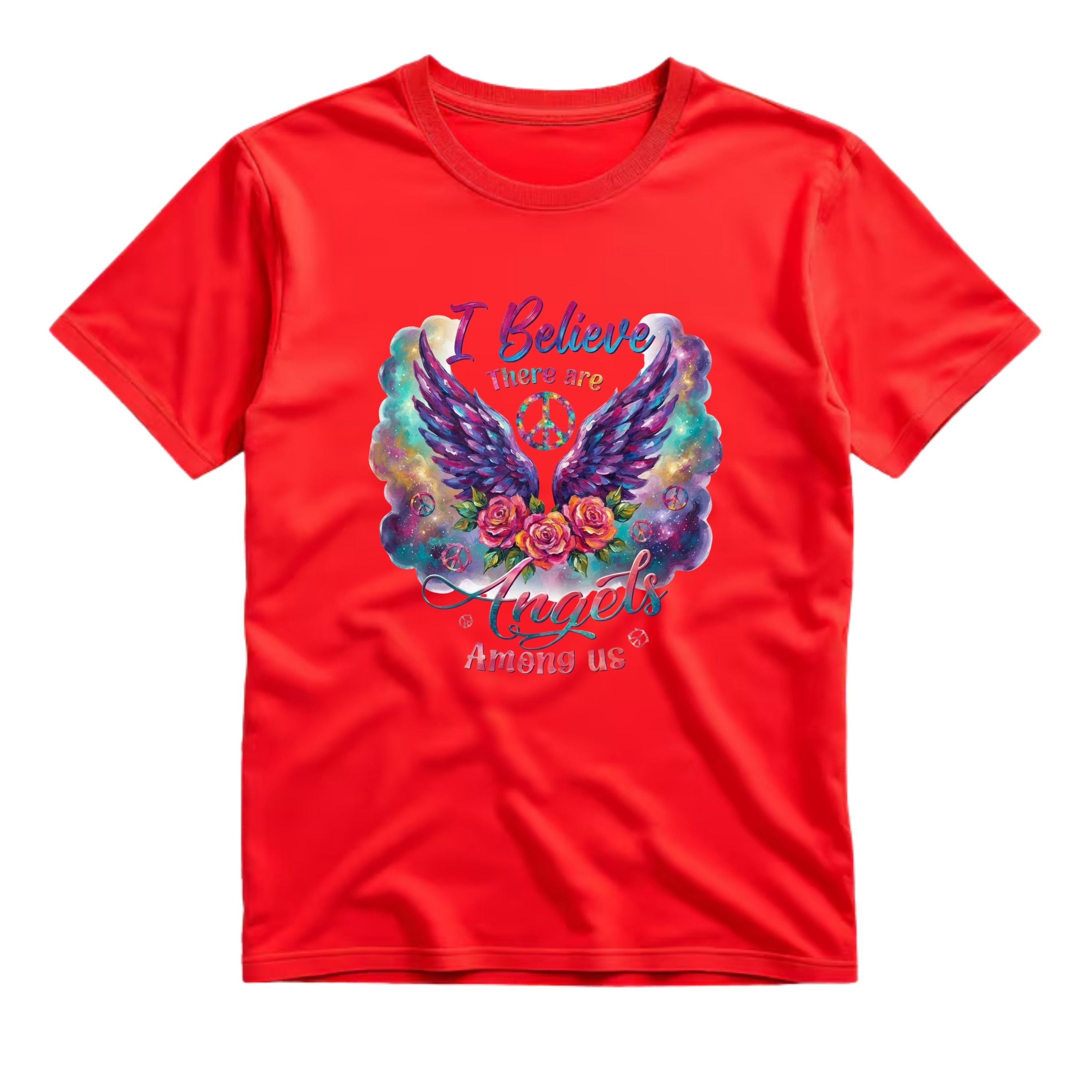 I Believe There Are Angels Among Us T Shirt Hippie Angel Wings Graphic Tee Boho Floral Wings Shirt Psychedelic Peace Sign Shirt Boho Roses Shirt Gift For Hippie Lovers
