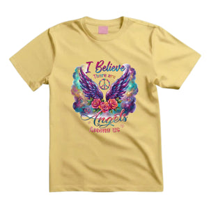 I Believe There Are Angels Among Us T Shirt Hippie Angel Wings Graphic Tee Boho Floral Wings Shirt Psychedelic Peace Sign Shirt Boho Roses Shirt Gift For Hippie Lovers