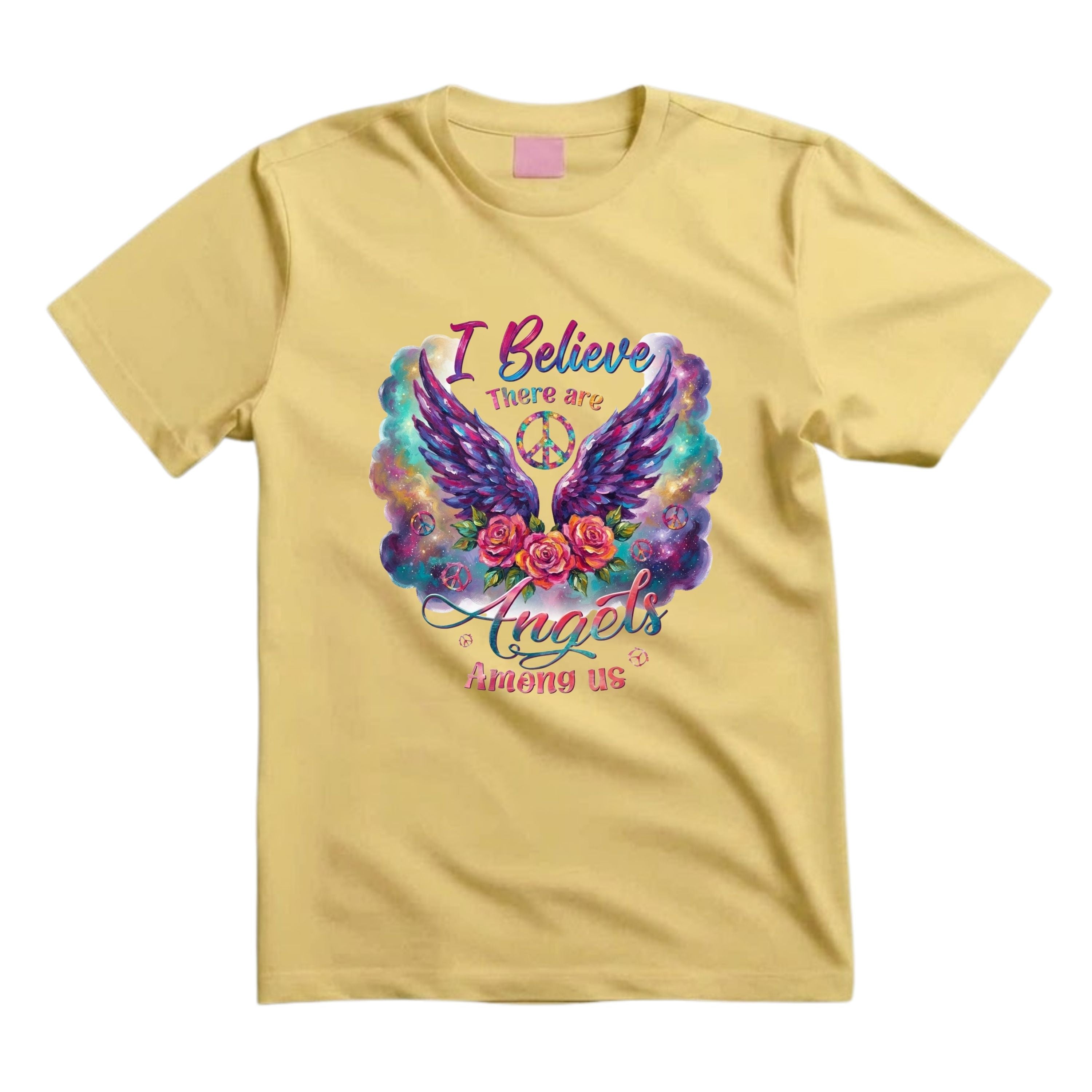 I Believe There Are Angels Among Us T Shirt Hippie Angel Wings Graphic Tee Boho Floral Wings Shirt Psychedelic Peace Sign Shirt Boho Roses Shirt Gift For Hippie Lovers