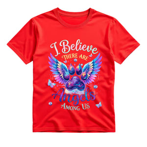 I Believe There Are Angels Among Us T Shirt Dog Paw Angel Wings Graphic Tee Boho Pet Memorial Shirt Psychedelic Paw Print Shirt Colorful Butterfly Shirt Gift For Dog Lovers