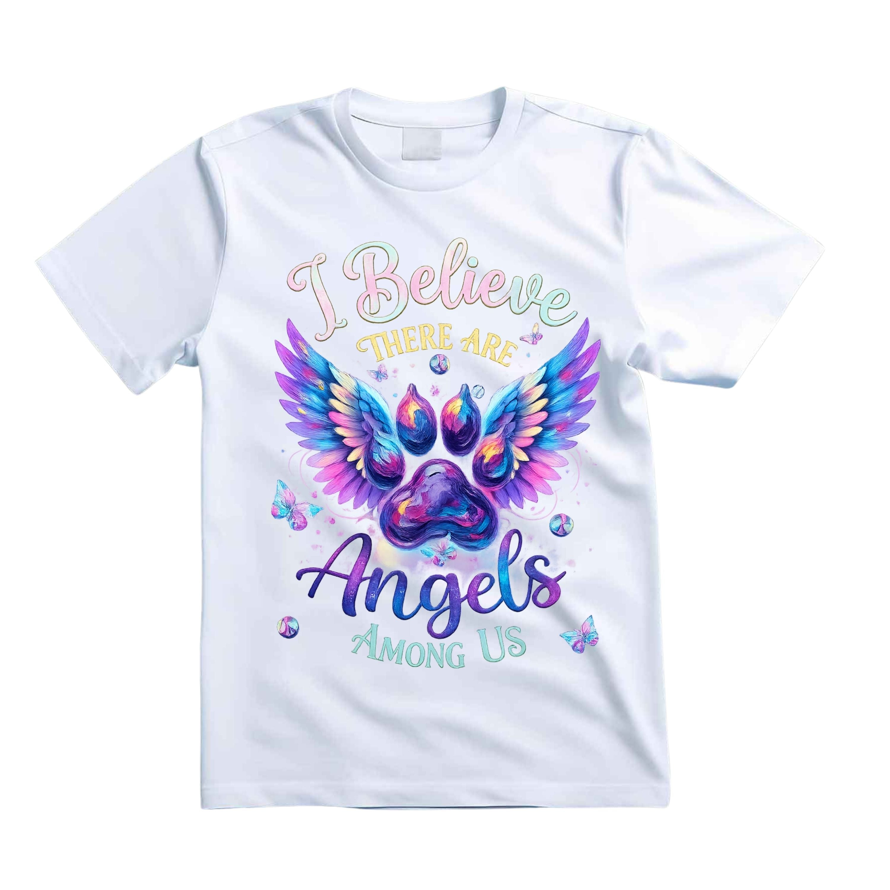 I Believe There Are Angels Among Us T Shirt Dog Paw Angel Wings Graphic Tee Boho Pet Memorial Shirt Psychedelic Paw Print Shirt Colorful Butterfly Shirt Gift For Dog Lovers