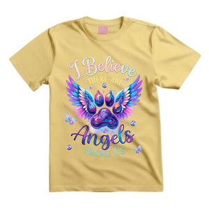 I Believe There Are Angels Among Us T Shirt Dog Paw Angel Wings Graphic Tee Boho Pet Memorial Shirt Psychedelic Paw Print Shirt Colorful Butterfly Shirt Gift For Dog Lovers
