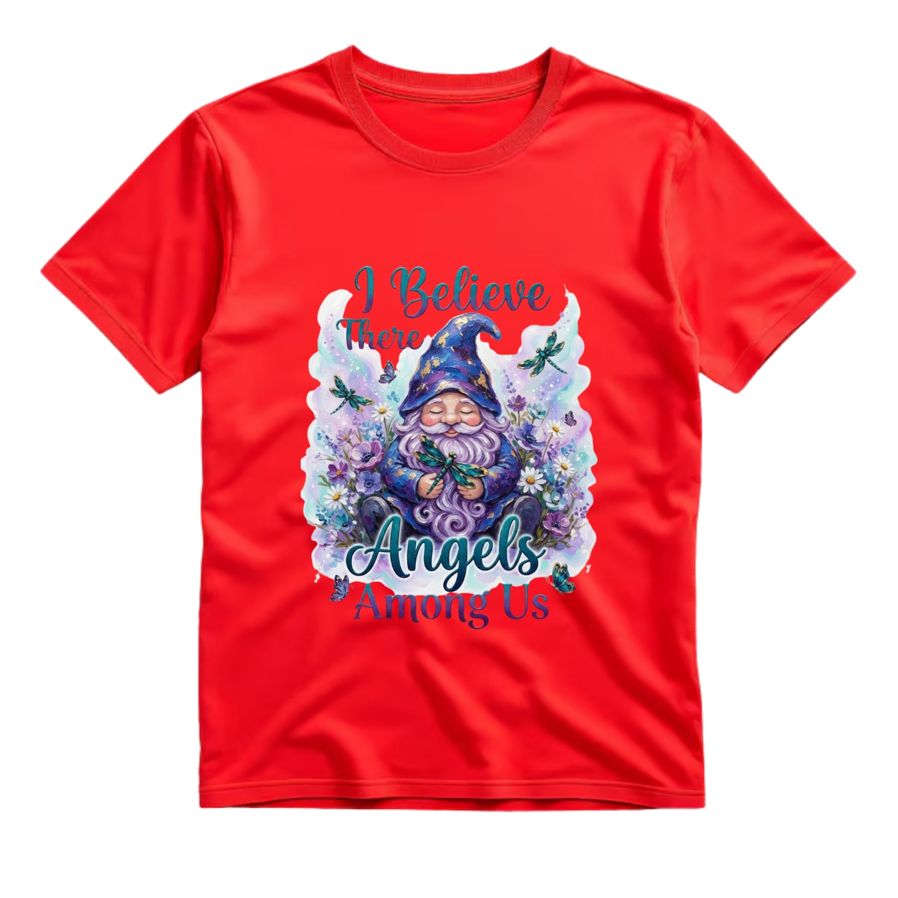 I Believe There Are Angels Among Us T Shirt Gnome Dragonfly Graphic Tee Boho Gnome Shirt Floral Gnome Shirt Spiritual Gnome Shirt Gift For Gnome Lovers