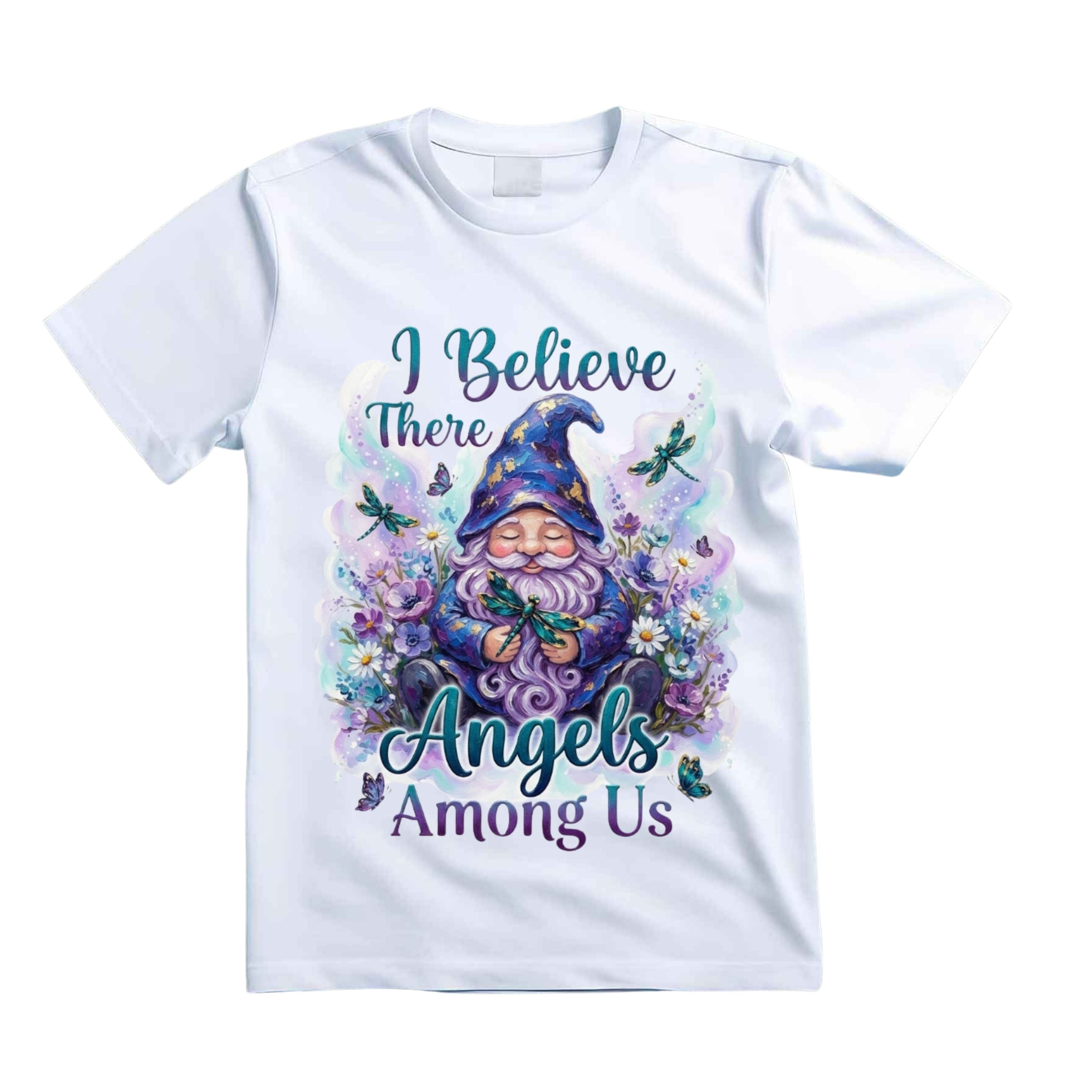 I Believe There Are Angels Among Us T Shirt Gnome Dragonfly Graphic Tee Boho Gnome Shirt Floral Gnome Shirt Spiritual Gnome Shirt Gift For Gnome Lovers