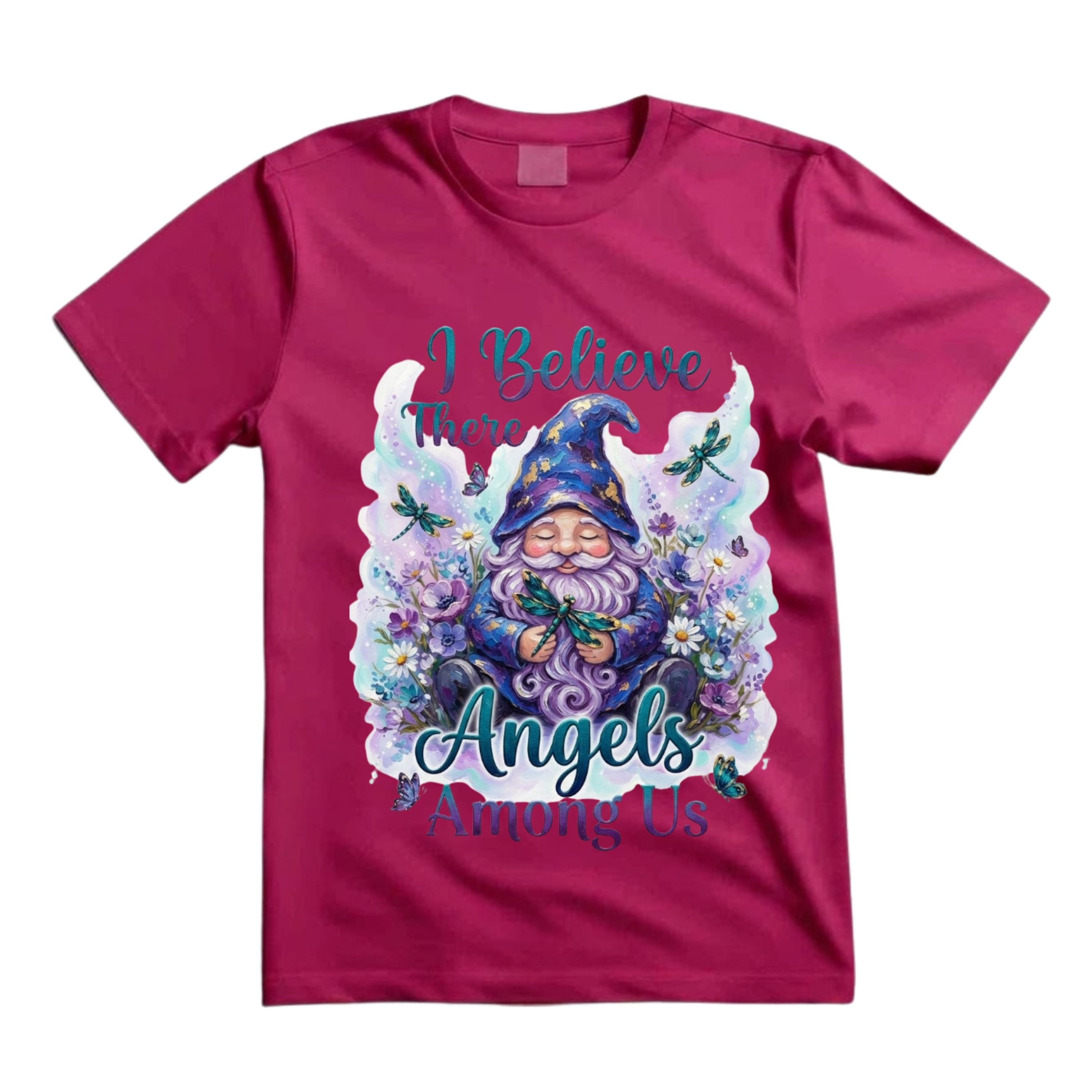 I Believe There Are Angels Among Us T Shirt Gnome Dragonfly Graphic Tee Boho Gnome Shirt Floral Gnome Shirt Spiritual Gnome Shirt Gift For Gnome Lovers