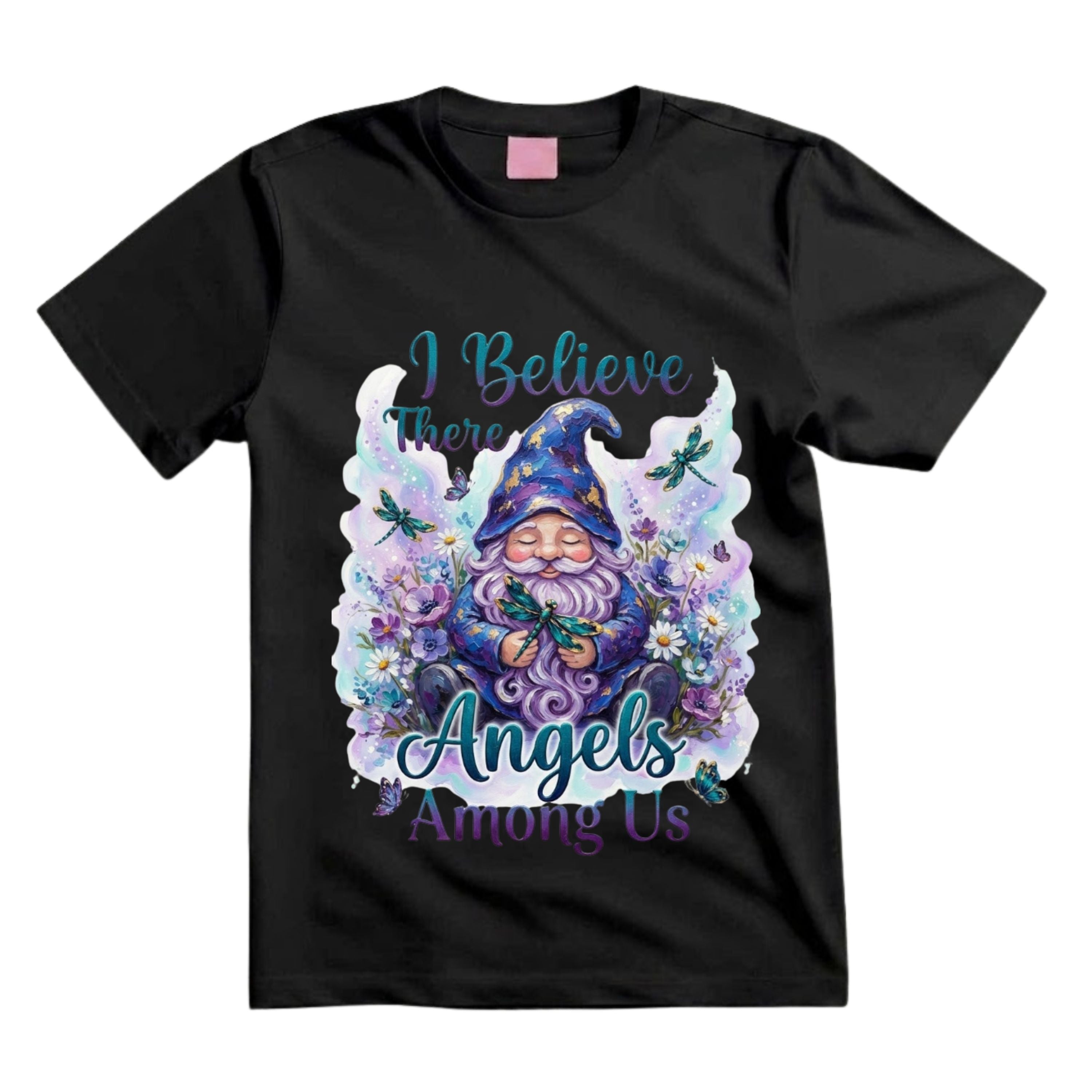 I Believe There Are Angels Among Us T Shirt Gnome Dragonfly Graphic Tee Boho Gnome Shirt Floral Gnome Shirt Spiritual Gnome Shirt Gift For Gnome Lovers