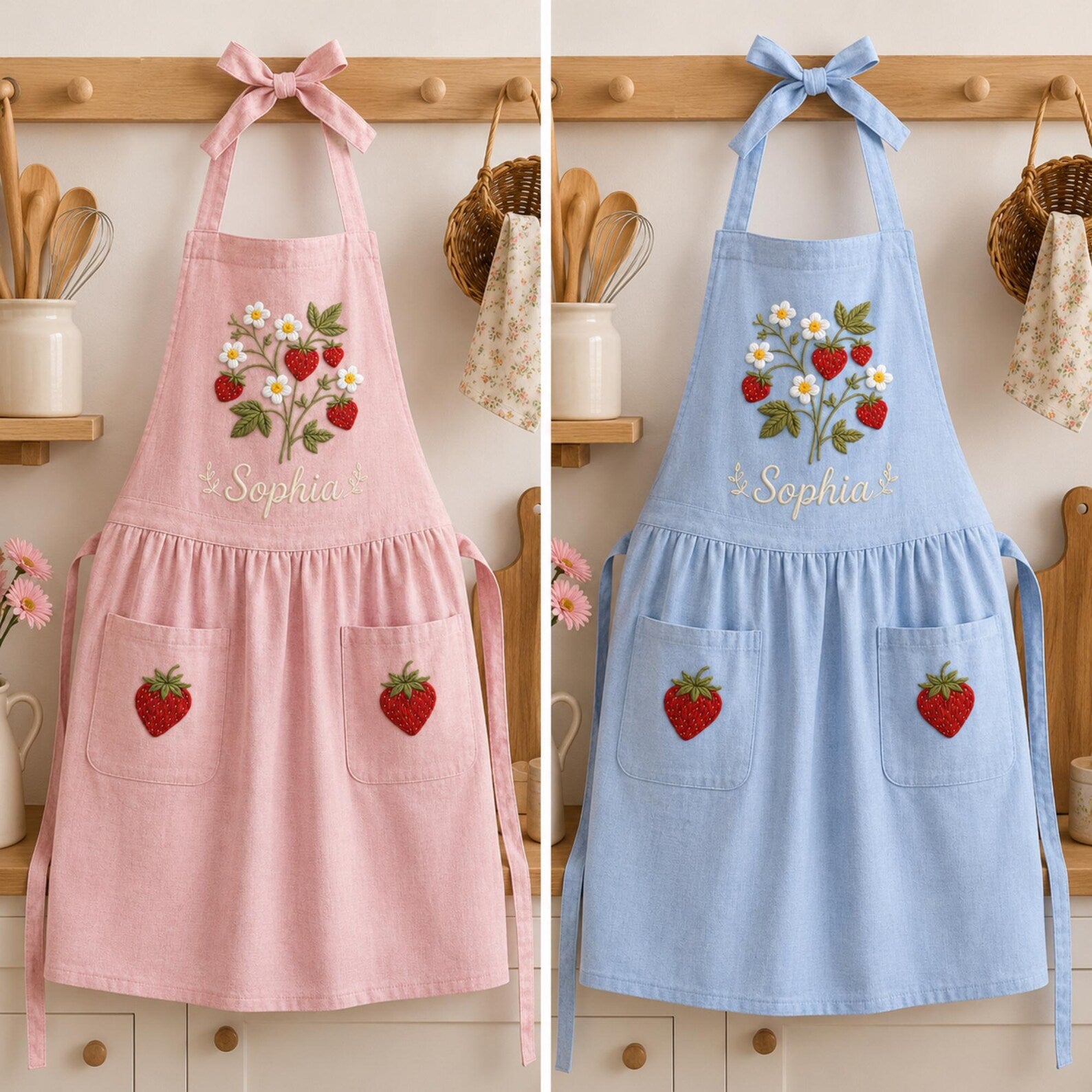 Personalized hand embroidered strawberry garden linen apron featuring strawberries, white flowers, botanical vines and custom text, cottagecore kitchen apron gift.