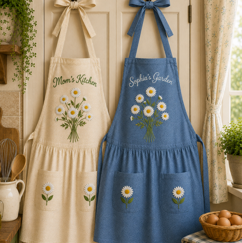 Personalized hand embroidered linen apron featuring daisy bouquet embroidery, custom name personalization, cottage garden floral design, and daisy pocket accents.