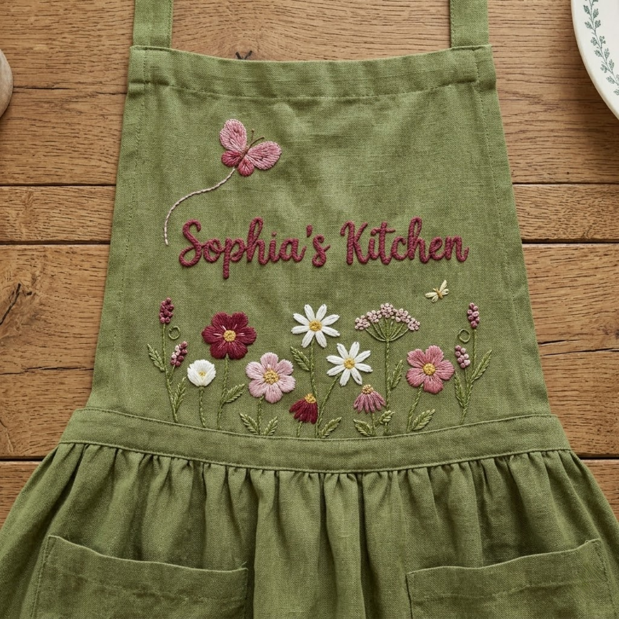 Personalized hand embroidered green linen apron featuring colorful wildflowers, butterfly embroidery, botanical meadow design, and custom kitchen text.