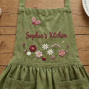 Personalized hand embroidered green linen apron featuring colorful wildflowers, butterfly embroidery, botanical meadow design, and custom kitchen text.