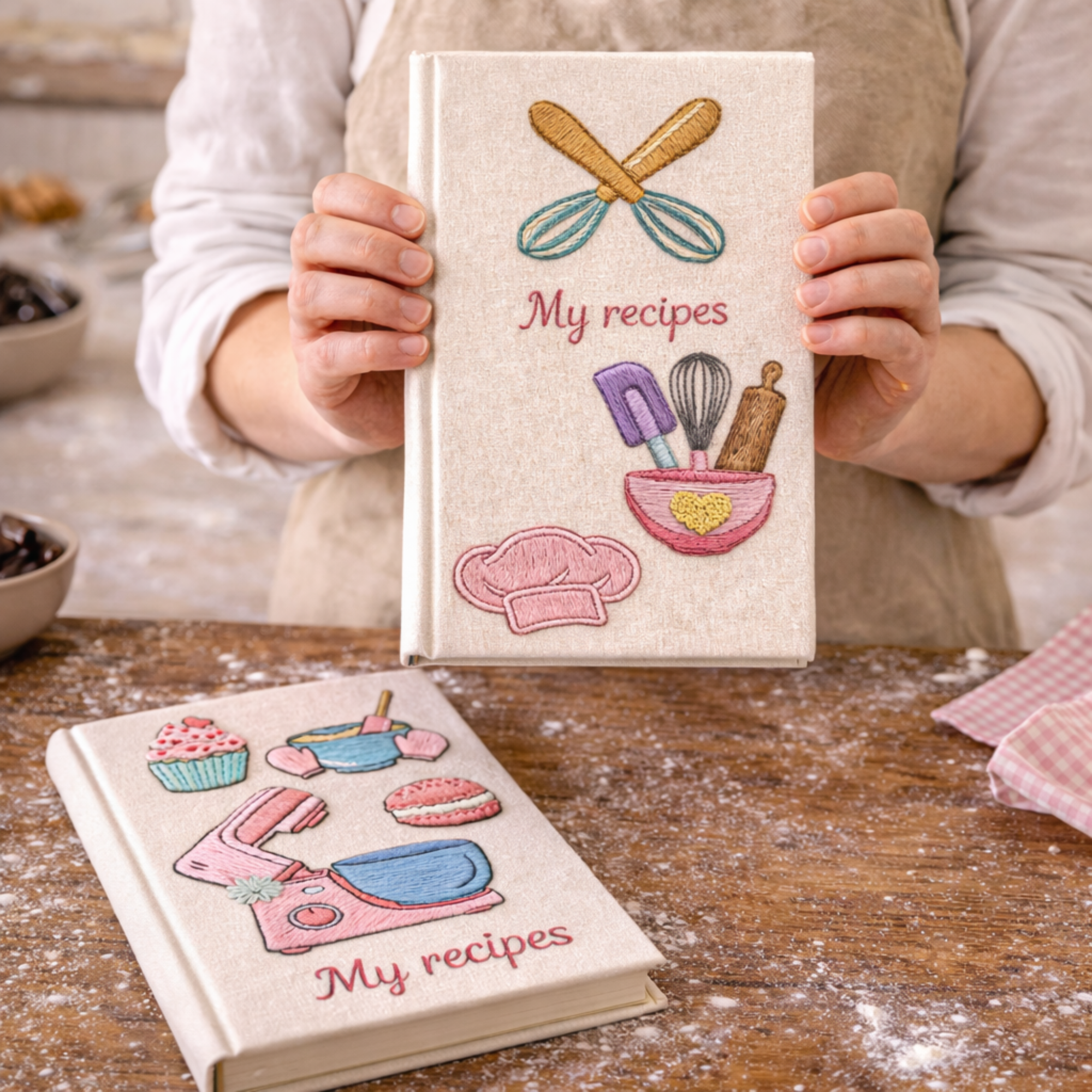 Personalized hand embroidered recipe book featuring a pastel dessert workshop theme with stand mixer, mixing bowls, cupcakes, macarons, oven mitts, and baking accessories.