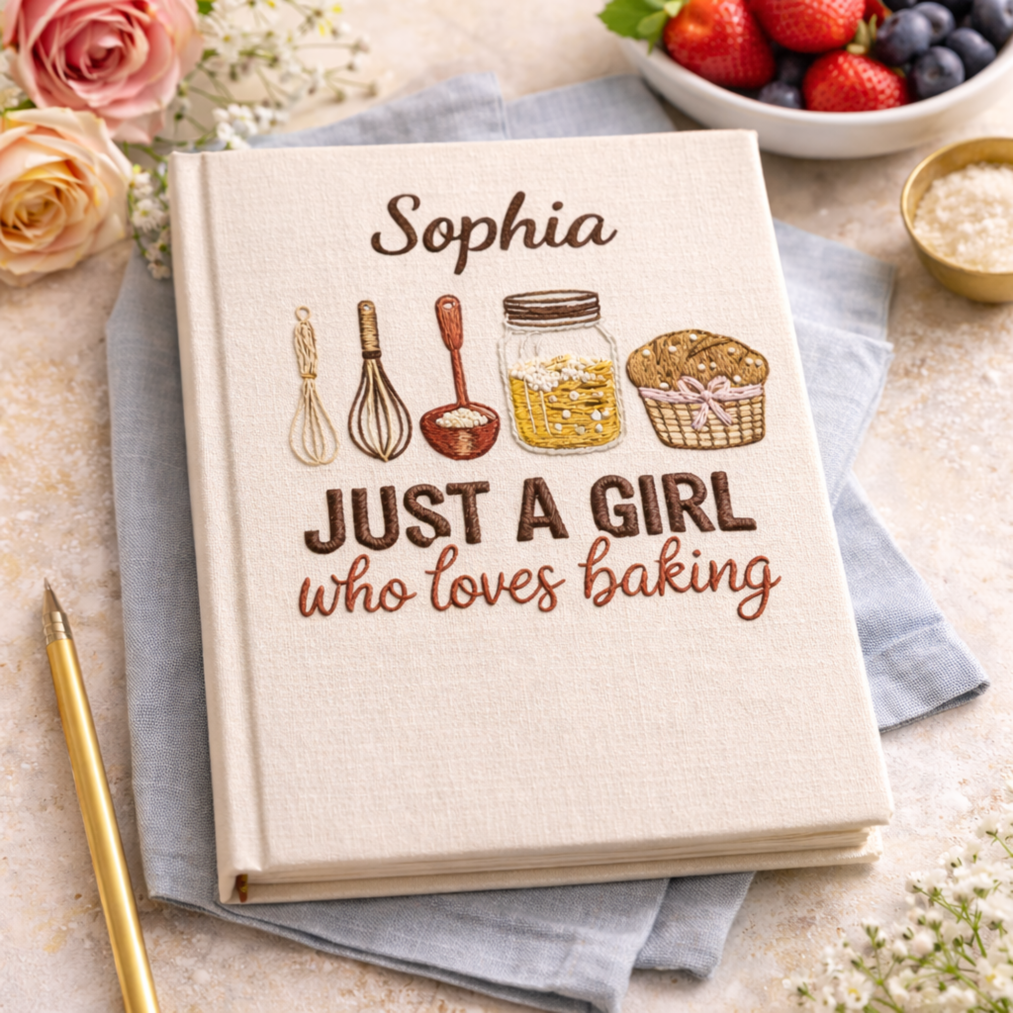 Personalized hand embroidered recipe book featuring baking tools, pantry ingredients, whisk illustrations, and rustic farmhouse baking-themed embroidery on a linen cover.