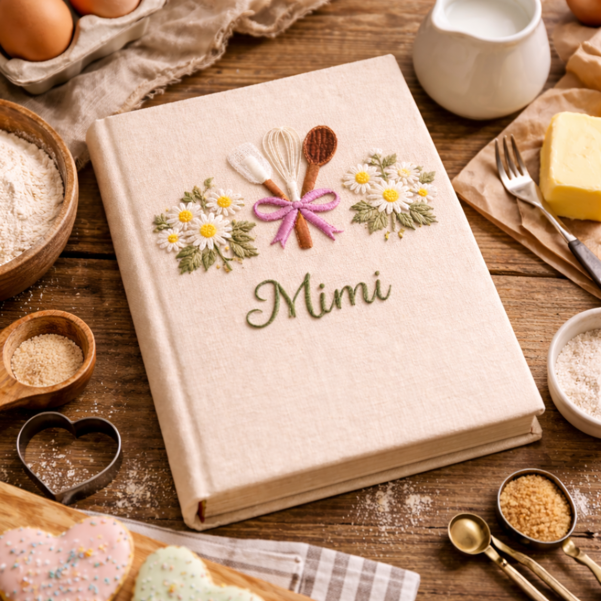 Personalized hand embroidered recipe book featuring a whisk, spatula, wooden spoon tied with a pink ribbon and surrounded by white daisies on a linen cover.