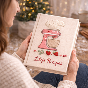 Personalized hand embroidered recipe book featuring a pink stand mixer, pastry piping bag, baking utensils and ribbon bow accents on a linen cover.