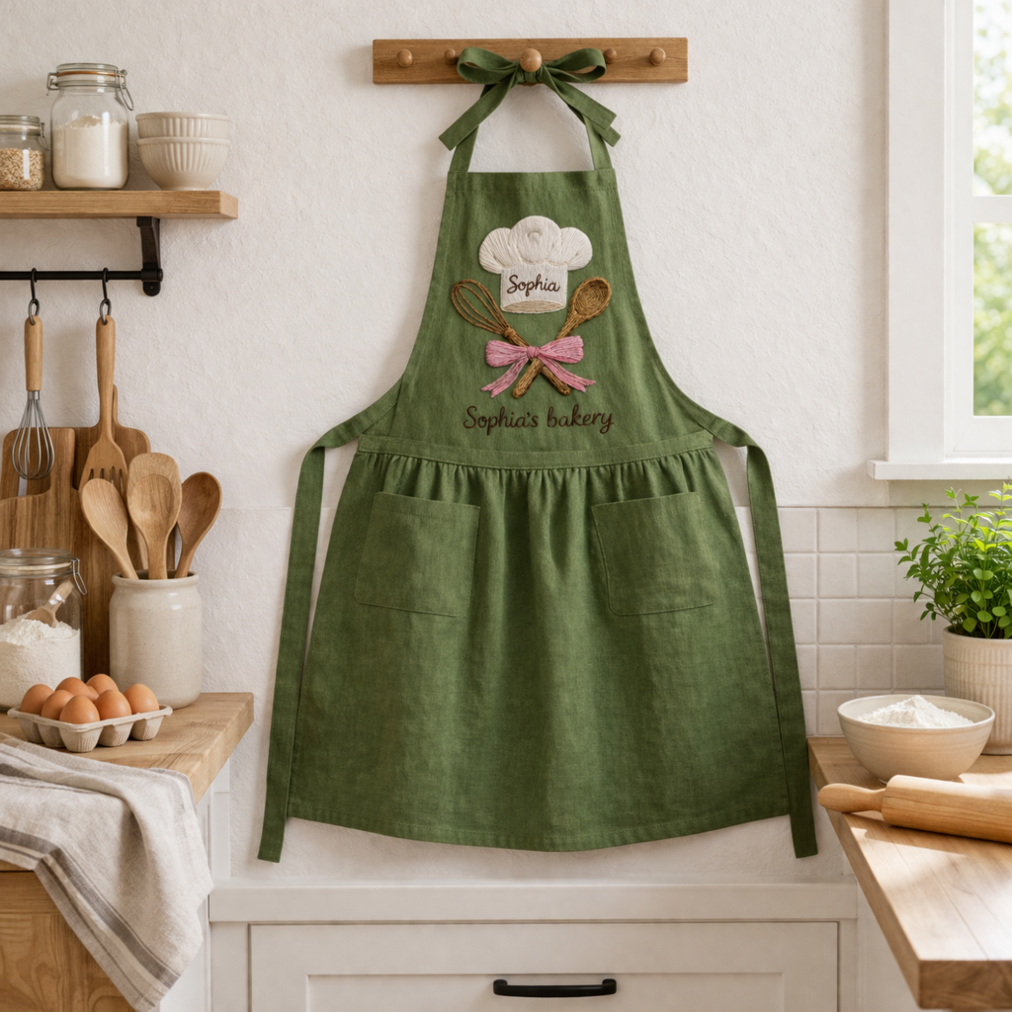 Personalized baker hand embroidered linen apron featuring chef hat, whisk, wooden spoon, and custom name embroidery, baking apron gift for bakers and home cooks.