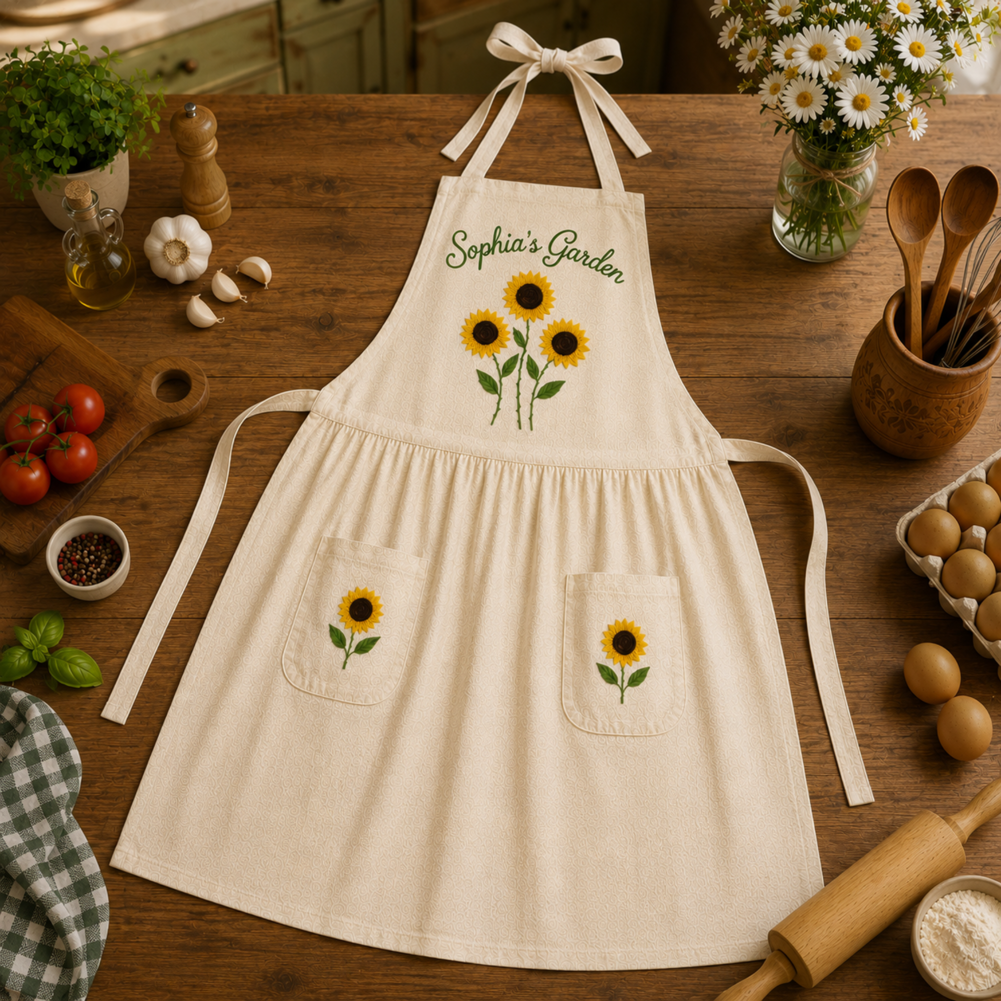 Personalized hand embroidered sunflower garden apron featuring custom garden name embroidery, floral linen cooking apron for women, gardening apron, florist gift, farmhouse kitchen apron.