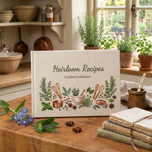 Personalized heirloom recipe collection hand embroidered recipe book featuring herbs, whisks, spices, mortar and pestle, copper cookware, and farmhouse kitchen motifs on linen cover