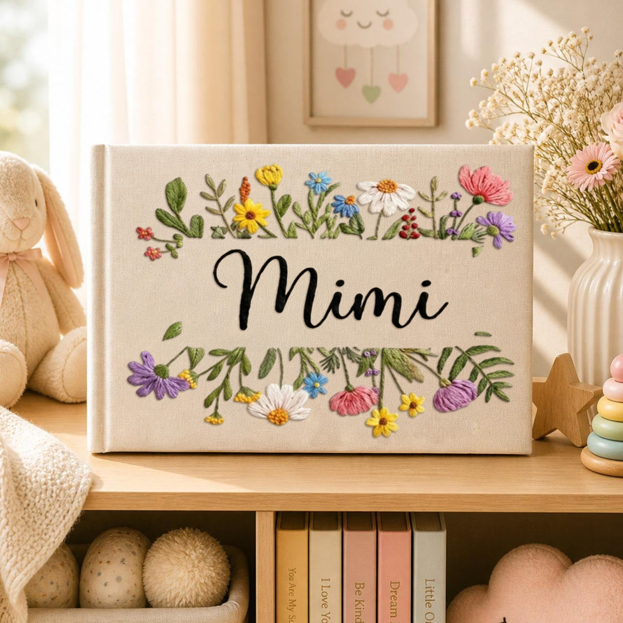 Personalized wildflower frame hand embroidered linen notebook with colorful floral border and custom name