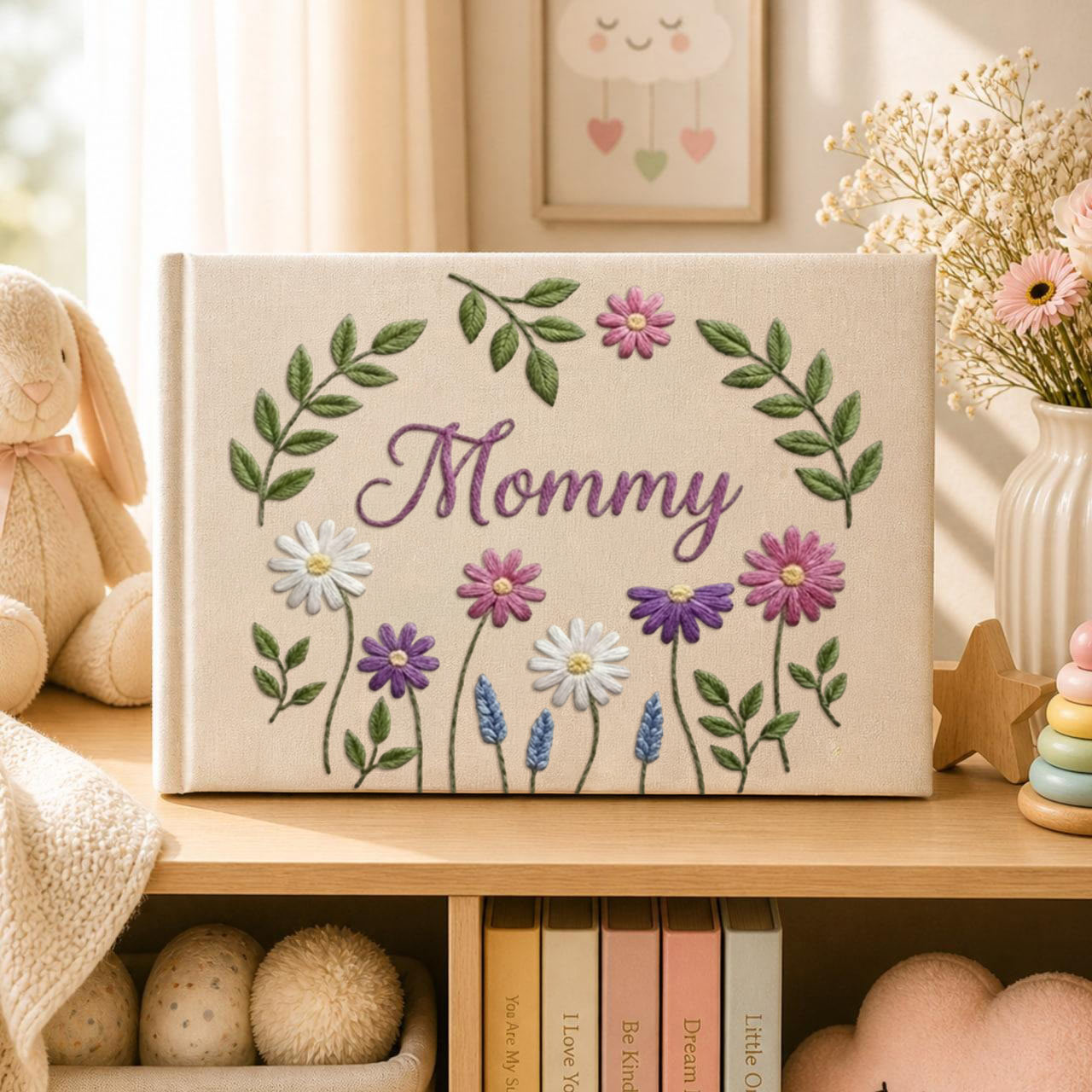 Personalized floral wreath hand embroidered linen notebook with botanical flowers and custom name