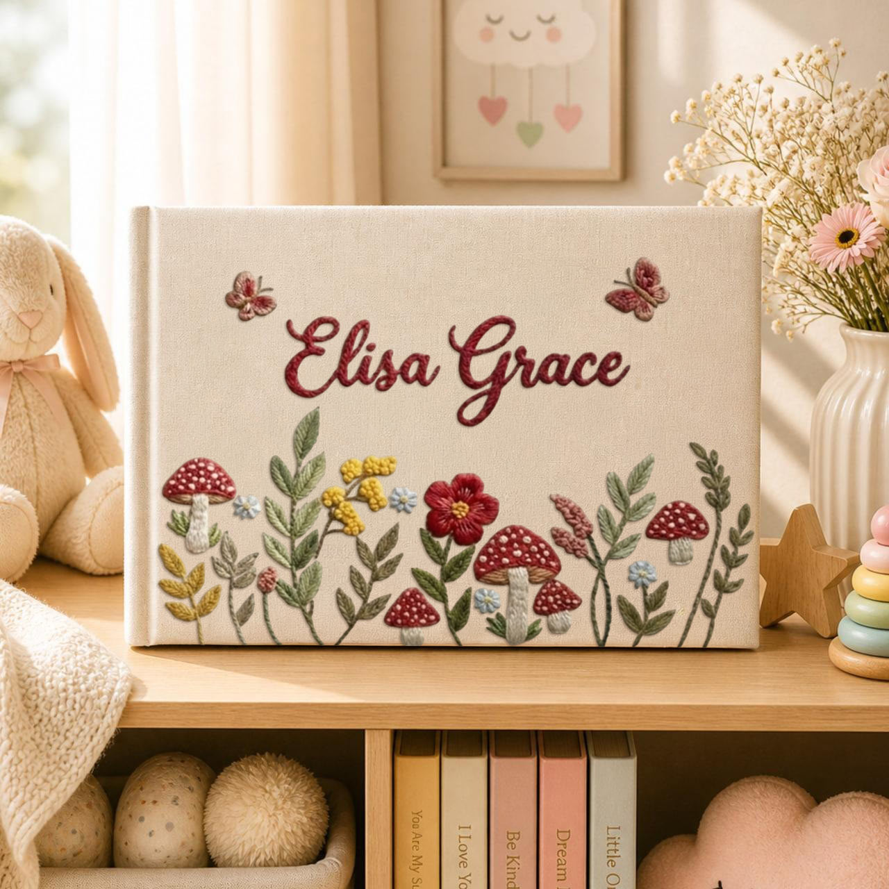 Personalized woodland mushroom hand embroidered linen notebook with butterflies wildflowers and custom name