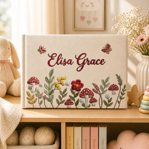 Personalized woodland mushroom hand embroidered linen notebook with butterflies wildflowers and custom name