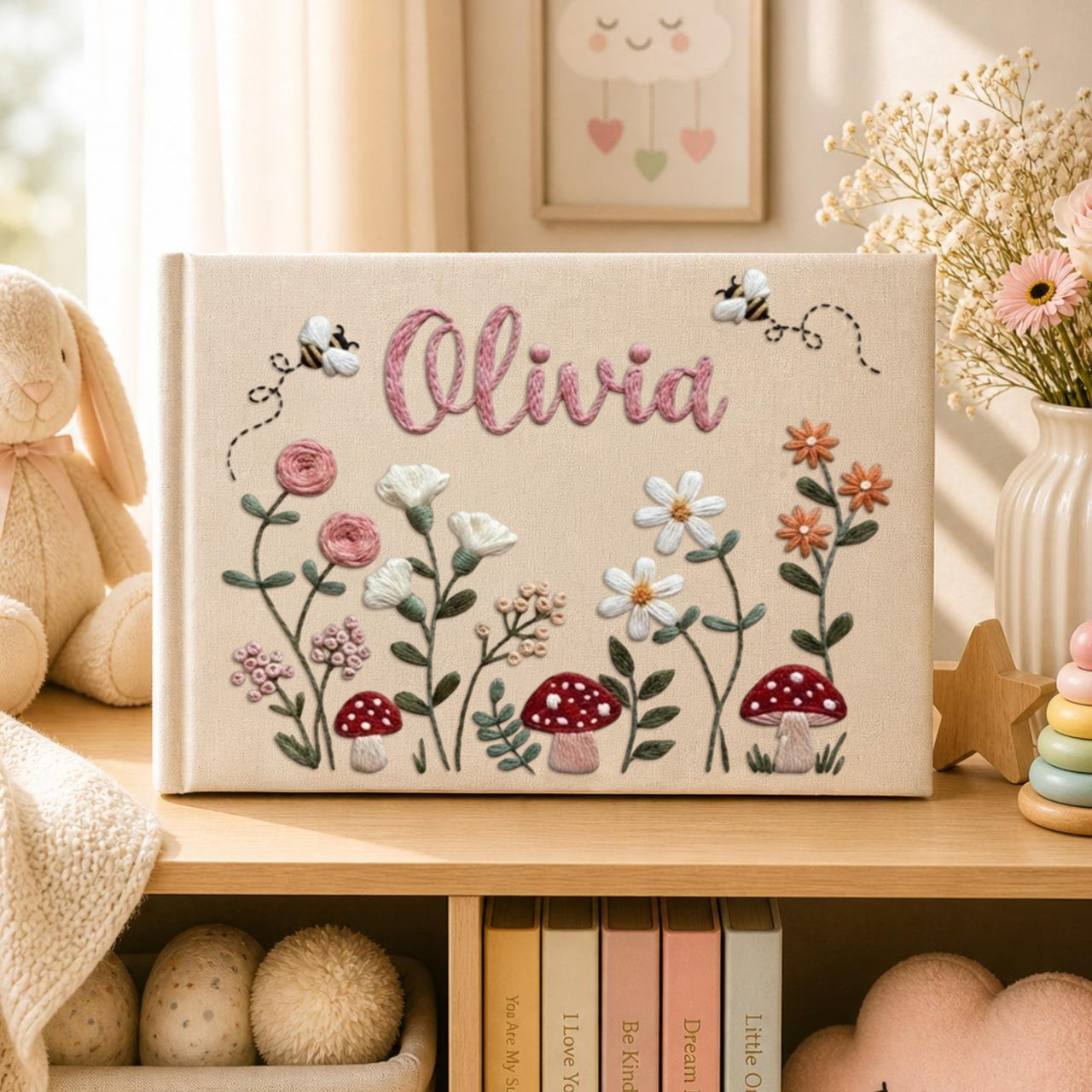 Personalized woodland mushroom garden hand embroidered linen notebook with wildflowers bees and custom name