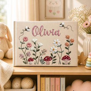 Personalized woodland mushroom garden hand embroidered linen notebook with wildflowers bees and custom name