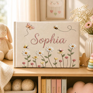 Personalized daisy bee butterfly hand embroidered linen notebook with floral meadow and custom name
