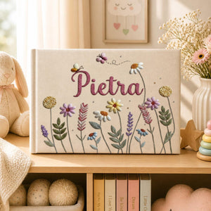 Personalized wildflower meadow hand embroidered linen notebook with botanical flowers and custom name