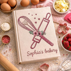 Personalized embroidered floral bakery recipe book handmade linen cookbook, Ver 1