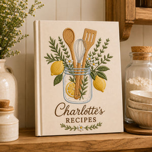 Personalized lemon herb kitchen hand embroidered recipe book featuring mason jar, whisk, wooden spoon, spatula, lemons, rosemary, and botanical embroidery
