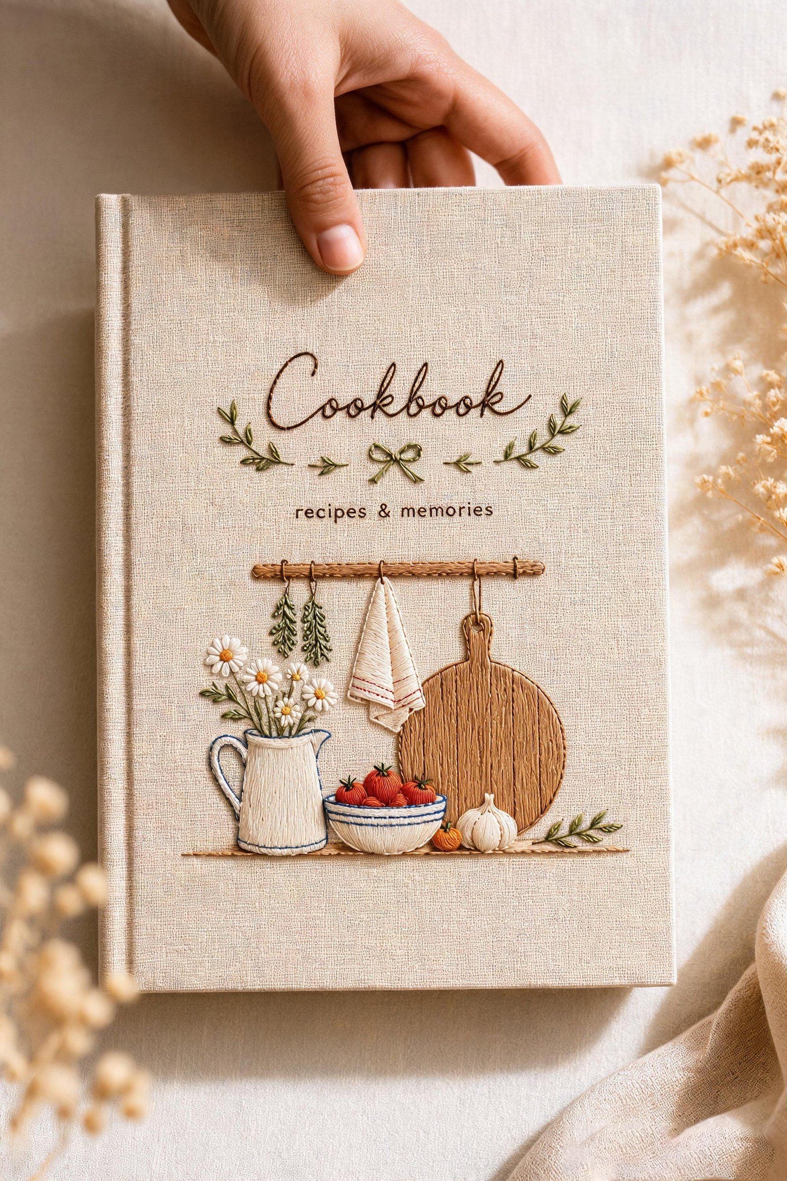 Hand embroidered farmhouse cookbook featuring rustic kitchen shelf daisies tomatoes herbs garlic and wooden cutting board on linen cover