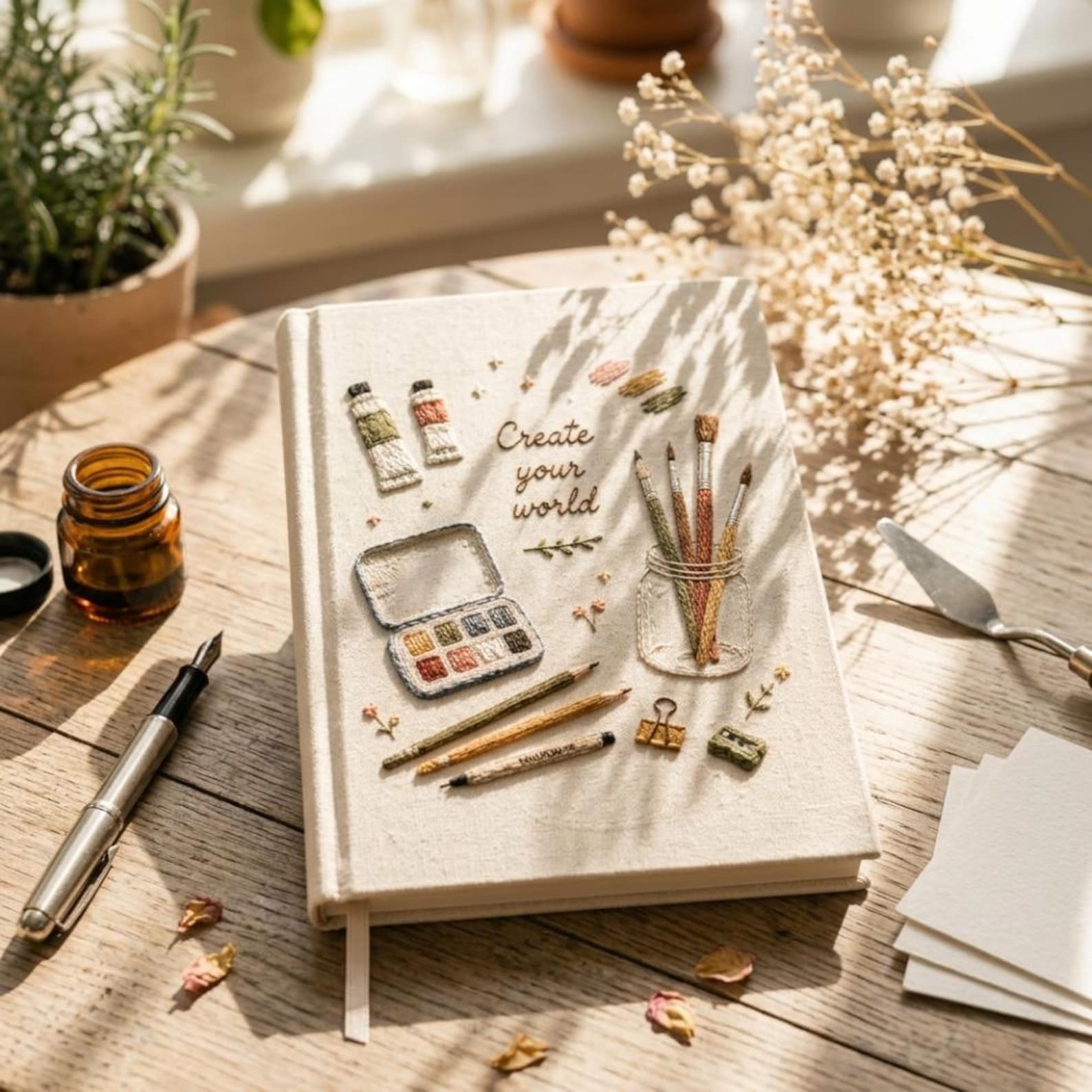 Hand embroidered artist journal featuring paint brushes watercolor palette pencils paint tubes and creative studio supplies on linen cover