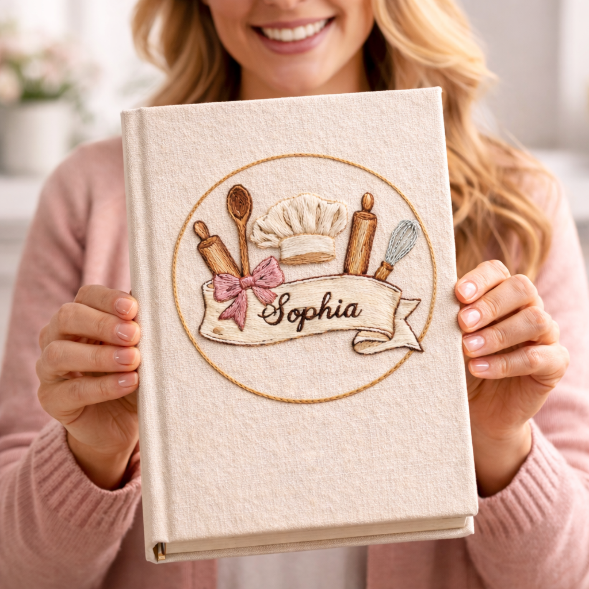 Personalized hand embroidered recipe book featuring chef hat, rolling pins, whisk, wooden spoon, floral accents, and custom name embroidery on a linen hardcover notebook.