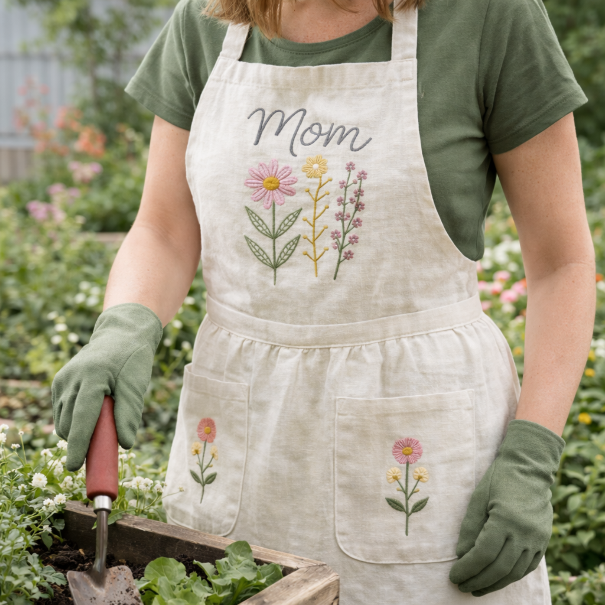 Personalized hand embroidered linen apron featuring pink wildflowers, botanical floral bouquet embroidery, custom name personalization, and floral pocket details.